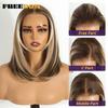 FREEDOM Layered Straight Synthetic Lace Front Wigs For Women Short Bob 6x4 Wear And Go Glueless Wig Ombre Brown Pre Plucked Wigs