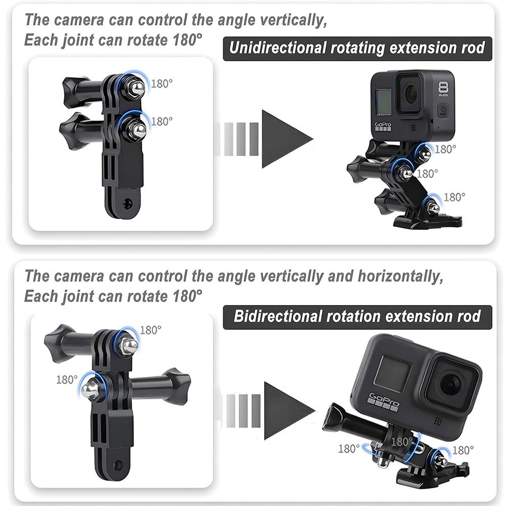 3-Way Adjustable Extension Pivot Arm Adapter Kit for GoPro Hero 11, 10, 9, 8, 7, Insta360 DJI OSMO, Same and Vertical Direction