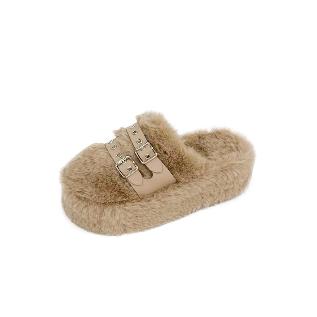 Baotou Thick-soled Fluffy Slippers Women's 2025 Autumn and Winter New Fashion Outer Wear Belt Buckle Fleece Warm Cotton Slippers