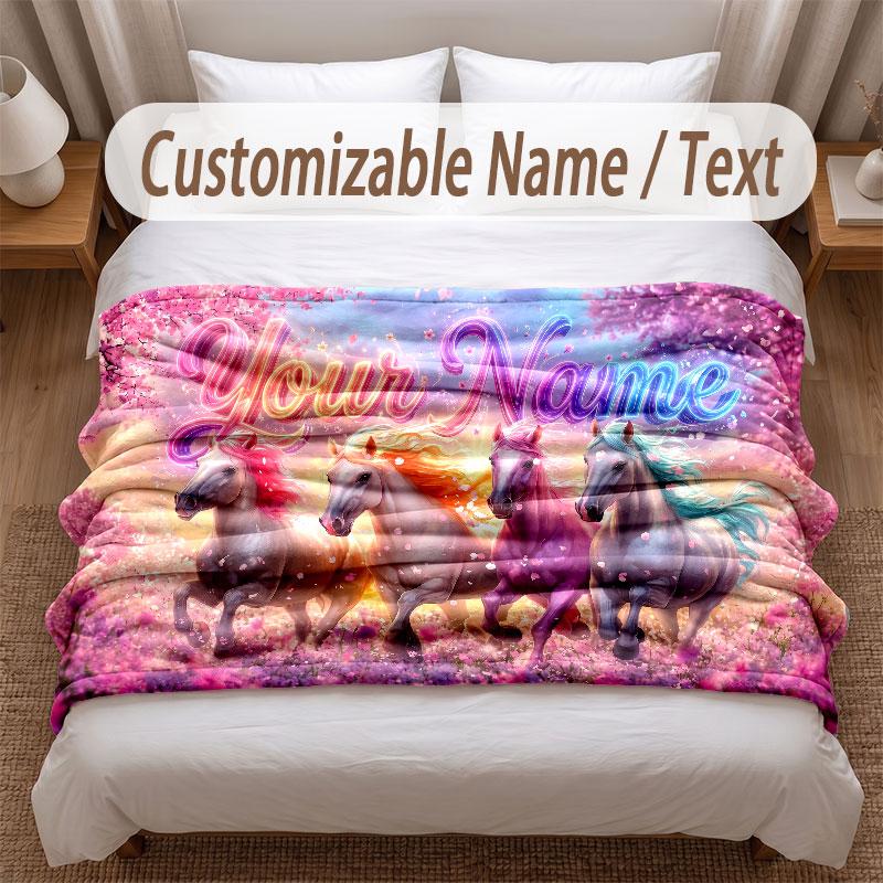 Horse Theme Soft Blanket Personalized Custom Name Text Print Warm Blanket Home Sofa Bedroom Decor