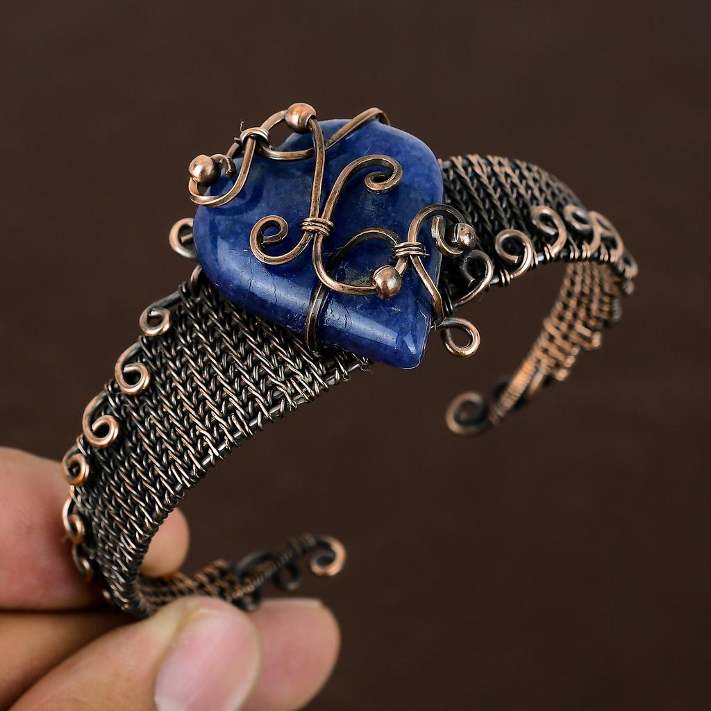 Sapphire(Simulated) Gemstone Handmade Copper Wire Wrap Bangle Adjustable I1F25
