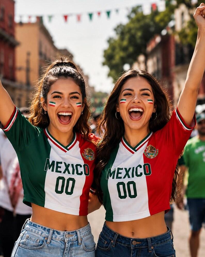 2026 Women Cheerleaders Crop Sexy Y2k Top Mexico FLAG Soccer V-Neck Short Sleeve Jersey T-Shirt Tees Hip Hop Kids Adult T-Shirt