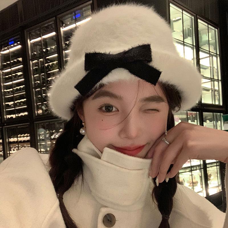 Winter Bow Plush Fisherman Hat Children Imitation Rabbit Fur Ins Top Hat Thickened Thermal Basin Hat Women