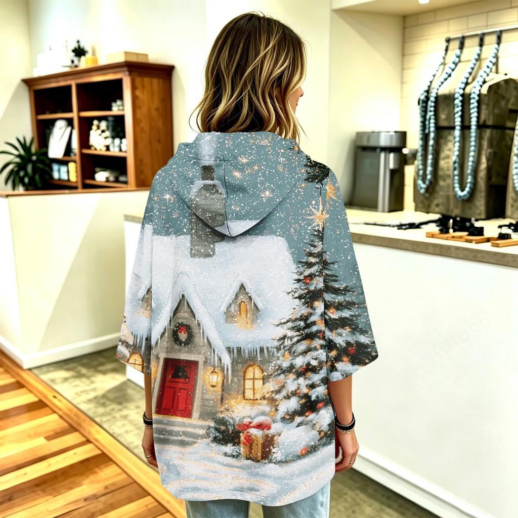 Damen Christmas Print Pullover mit Kapuze und Dreiviertelärm