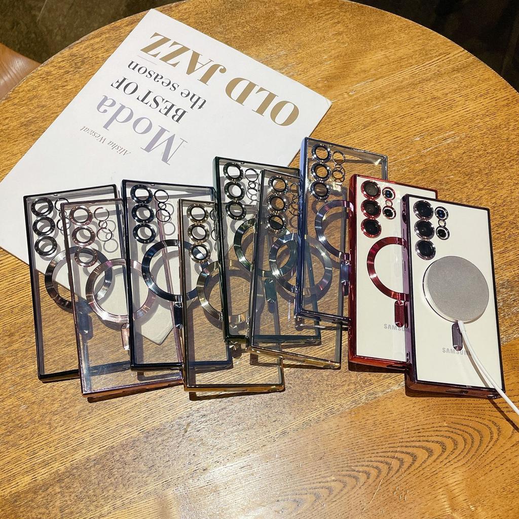 Suitable for Samsung S25 Ultra Electroplated Transparent Mobile Phone Case Magsafes Magnetic Suction S24 with Lens Film A17 Soft Case