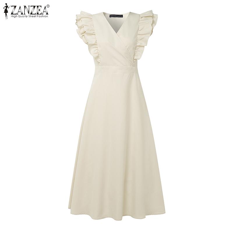 ZANZEA Abito Lungo Estivo da Donna con Scollo a V, Maniche a Volant, Ampio, Casual