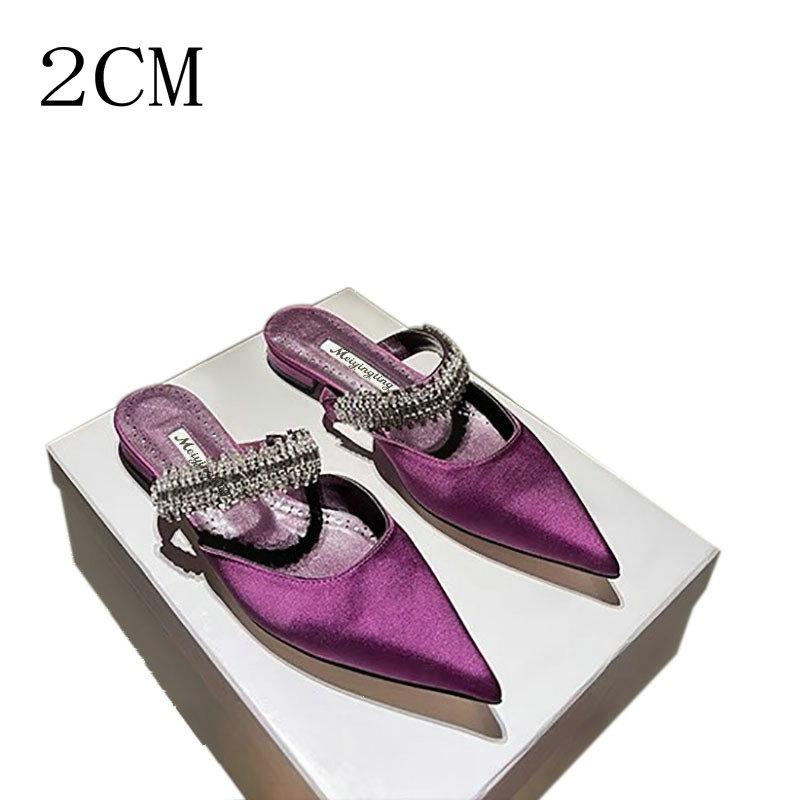 Fashion Women's High Heels Temperament Baotou Silk Rhinestones Muller Slippers Pointed Stiletto Pumps