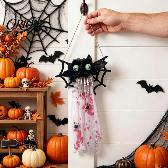 Scary Halloween Door Ornaments Decoration, Spooky Wooden Spider Web Skeleton Hand Wall Hanging Lighted Party Decor Ornament with Blood Gauze