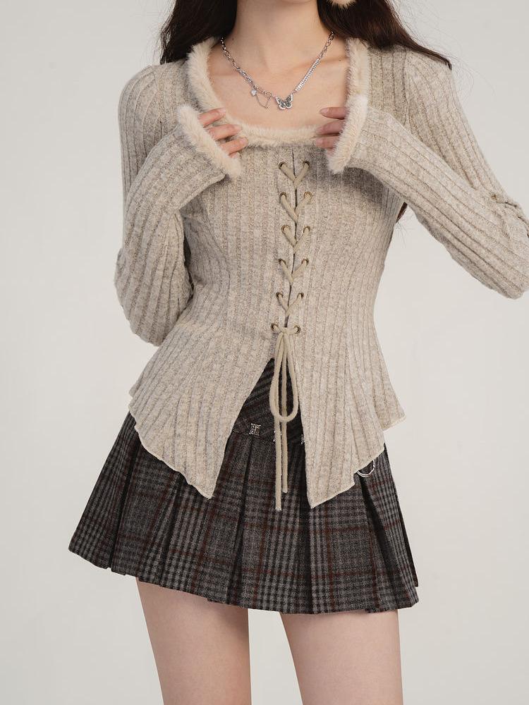 Bandáž Stahovací šňůrka Pletený Cardigan Ženy Podzim Zima Vintage Split Cardigans Korejská móda Y2k Svetry Spodní část Košile Top