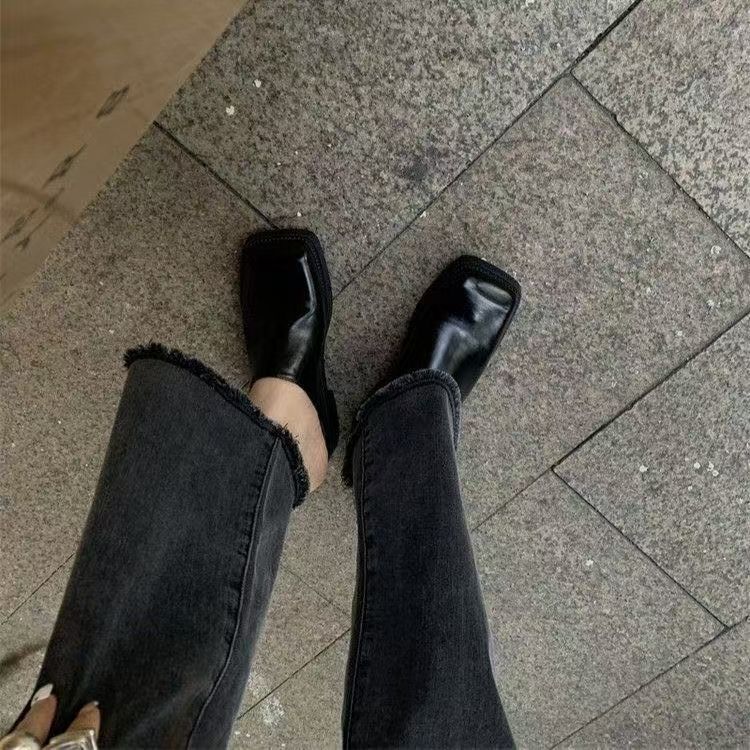 One-pedal Single Thick Heel Muller Bag Head Half Slippers 2025 French British Square Head Thick Heel Without Heel Small Leather Shoes Women