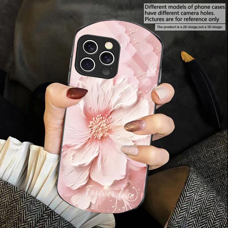 Plants in Oil Painting For iPhone 16 15 14 Pro 13 Plus 12 mini 11 13Pro Max XR X S 7 8 6 Elliptical Tempered Glass Phone Case