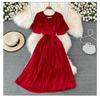 Summer new V-neck short-sleeved dress over the knee slim-fitting pleated temperament lady waist lace-up big pendulum mid-length dress