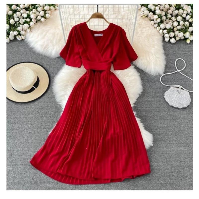 Summer new V-neck short-sleeved dress over the knee slim-fitting pleated temperament lady waist lace-up big pendulum mid-length dress