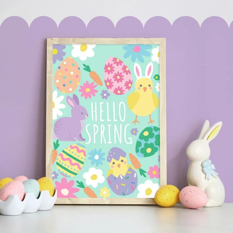 

Hello Spring Cute Easter Wall Art, Spring Decor, Pastel Colours Print, Kids Room, Children s Room Decor Canvas Poster Artwork 21X30CMNo Framed