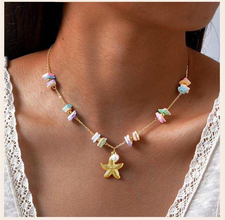 Summer Bohe Starfish Shell Conch Charms Pendant Neccklace for Women, 18k PVD Gold Plated Stainless Steel Beach Holiday Gift