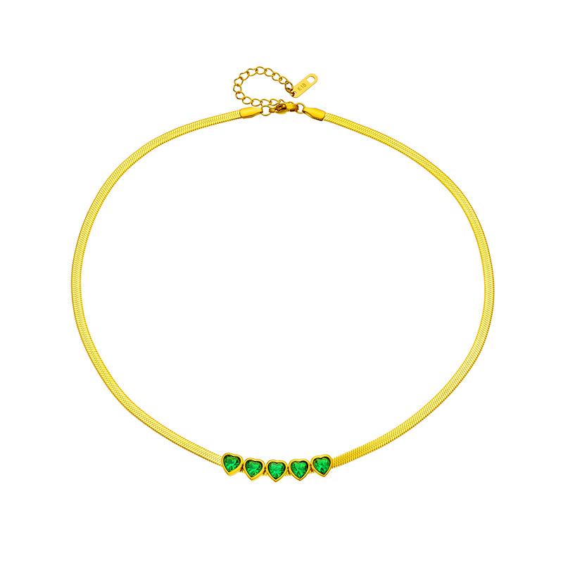 18K Goldplattiertes Grünes Herz Fischgrät-Halskette, Zarter Smaragd-Herz-Choker für Damen, Trendiger Schmuck