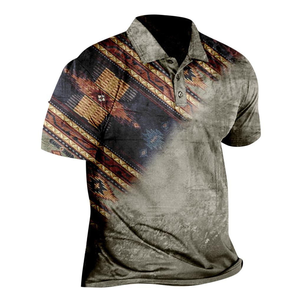 Western  Men's Top Printed Short Sleeve Flip Tie Button Fashion Loose Shirt