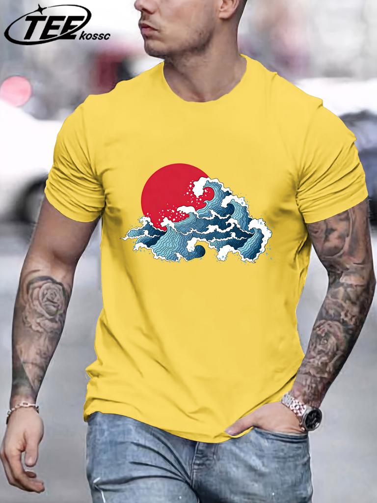 Japansk Solnedgång Vågor T-shirt För Män Sommar Casual Retro Kläder Bomull Trendig Mjuk T-shirt Unisex Rund Hals AllMatch Lös Topp
