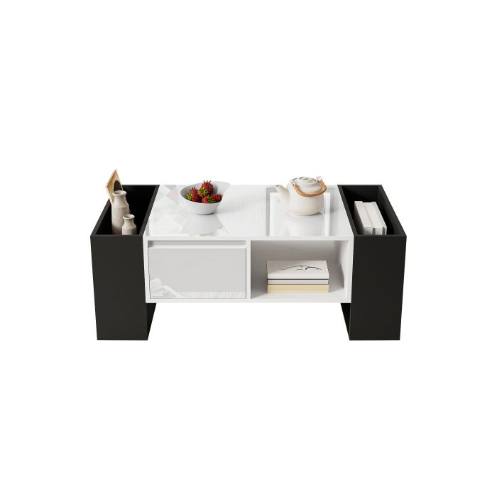 Table Basse Moderne 105 X 60 X 40,5cm - Design Noir Et Blanc Avec Finition Brillante, Tiroir Et Plateau En Bois.