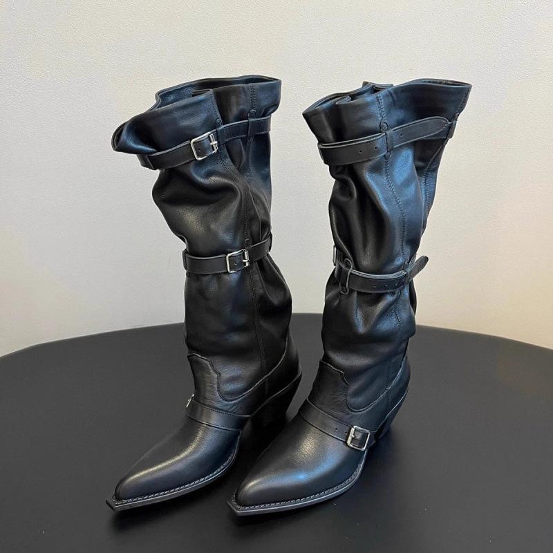 Cowhide version pointed pile boots niche design retro western cowboy boots thick heel hot girl fashion sense long boots women