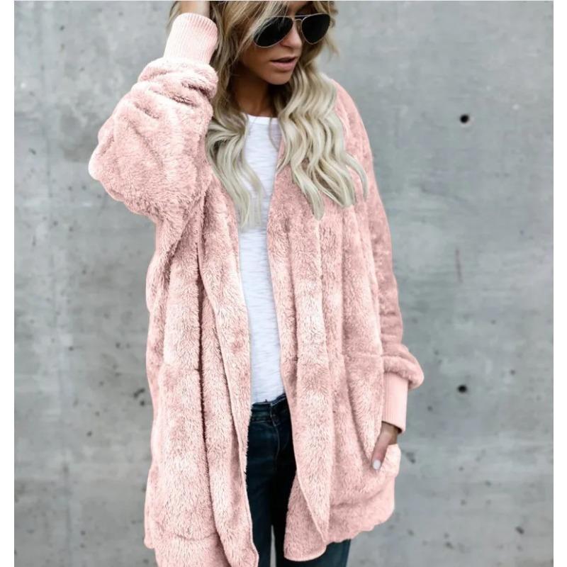 Autumn Winter Double Fleece Cardigan Jacket Women Solid Color Long Sleeve Plush Warm Hooded Lady Jacket Oversized Outerwear