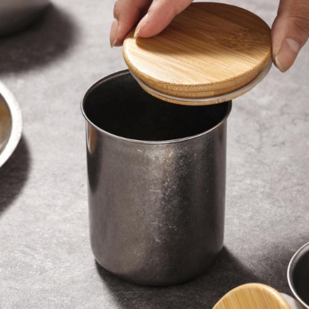 Retro Style Coffee Storage Jar 304 Stainless Steel Woodiness Lid Coffee Bean Storage Round Shape Seal Making Tea Can Kitchen Use