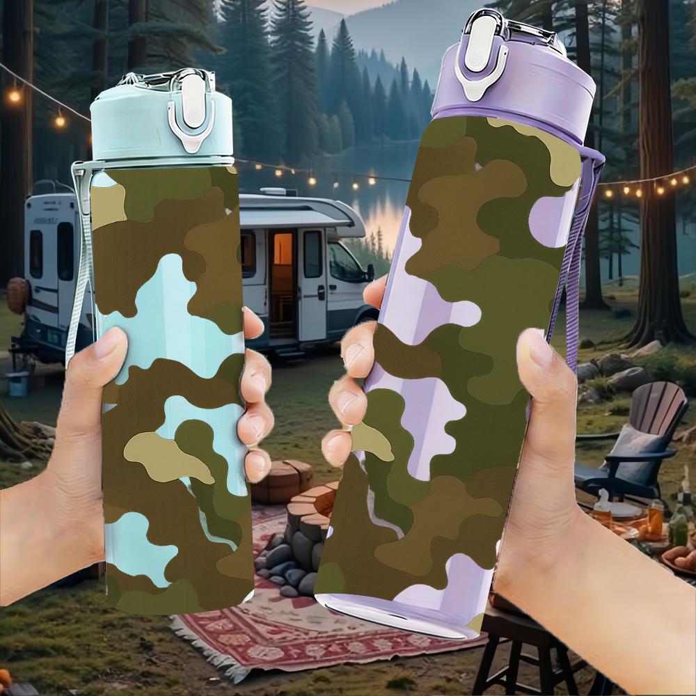 1PC White Green Camouflage Texture 750ml Color Plastic Sports Water Bottle Leakproof Flip Straw Lid For Sports Office Home Use