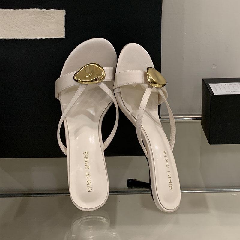 Fashion Fashion Metal Women High Heels Pumps Slides Shoes New In Spring Summer Female Slip On Footwear Round Toe Ladies Thin Heels Shoes