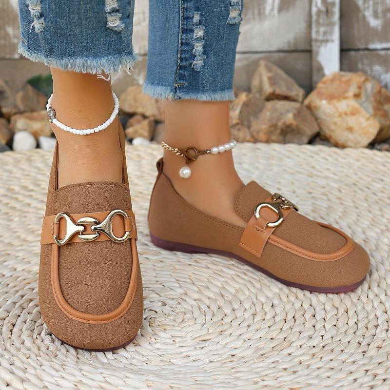 Women's Shoes Spring and Autumn New Korean Round Toe Shallow Metal Buckle Low Heel Flat Comfortable Casual Single Shoes