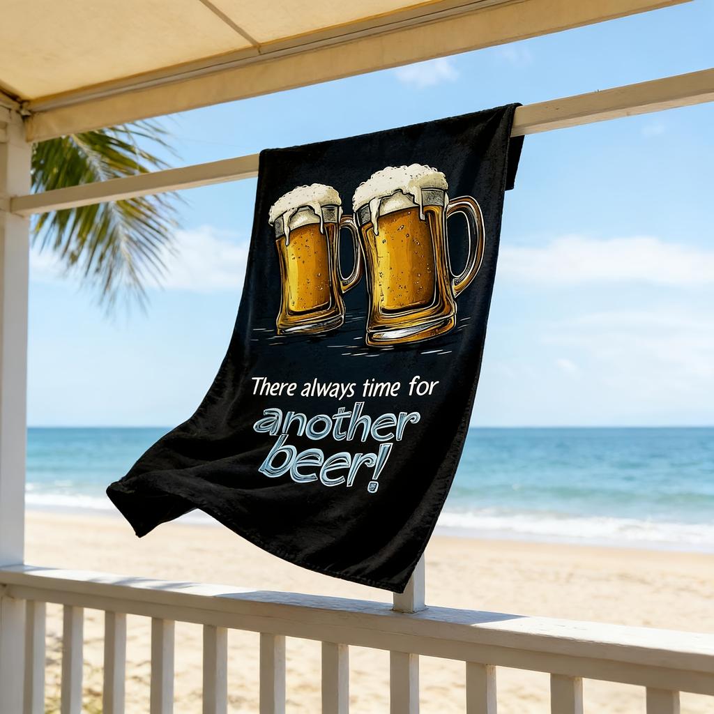 A Beach Towel Featuring A Cartoon-Style Beer Graphic Design. Suitable For Swimming, Sports, Beach, Camping, Diving, And Surfin