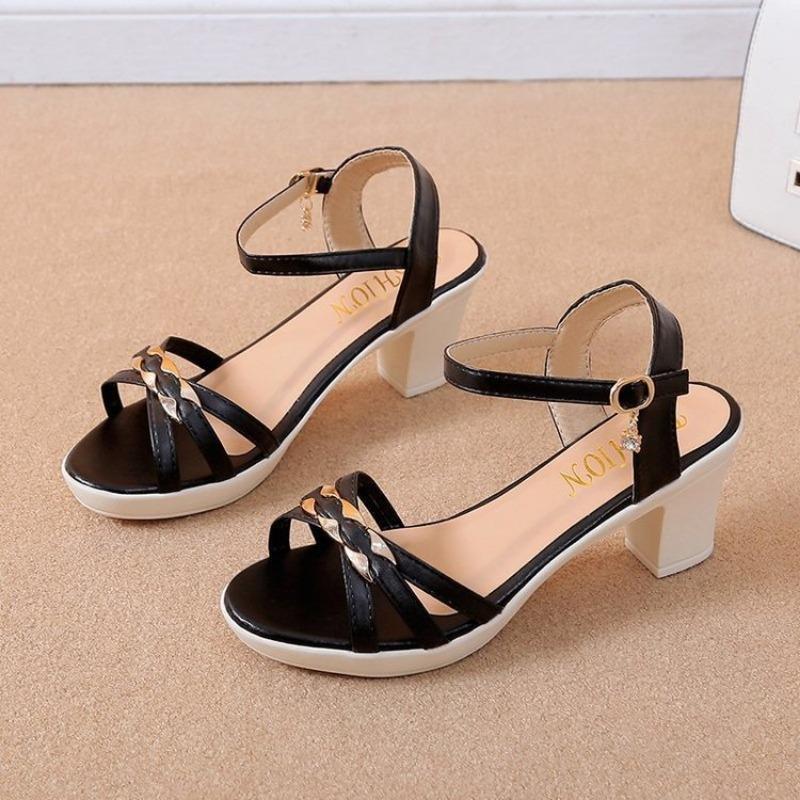 New Women Sandals Summer Versatile Comfort Women Shoe Hollowed Out Simple Retro Thick Heel Sandal Woven Elegant Niche High Heels