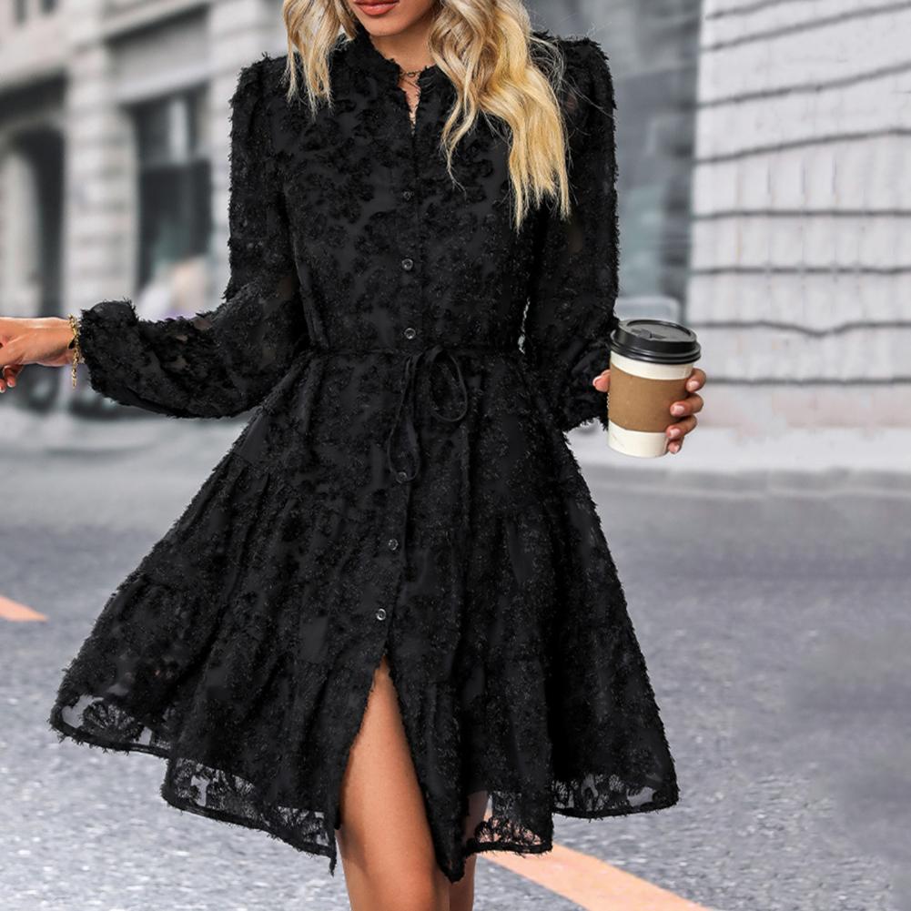 Damen A-Linien-Kleid, elegantes Midi-Spitzenkleid für Damen mit langen Ärmeln, schmale Taille, für Herbst-Frühlingspartys und Verabredungen, Rundhalsausschnitt, Midi