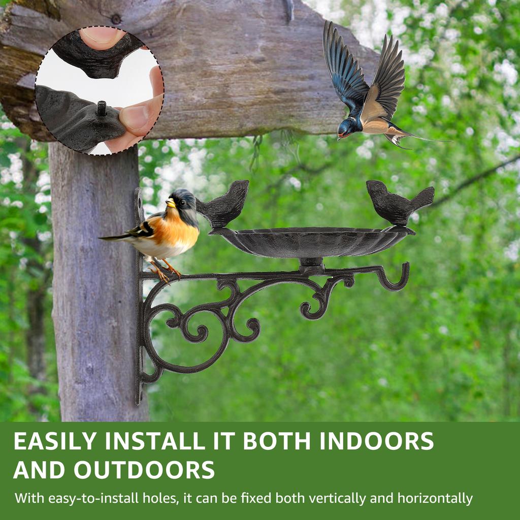 Wall Mounted Bird Bath Cast Iron Bird Feeder Gardens Decoration Elegant Fence Tree Mount Bird Feeder Mesh Seed Tray for Outdoor