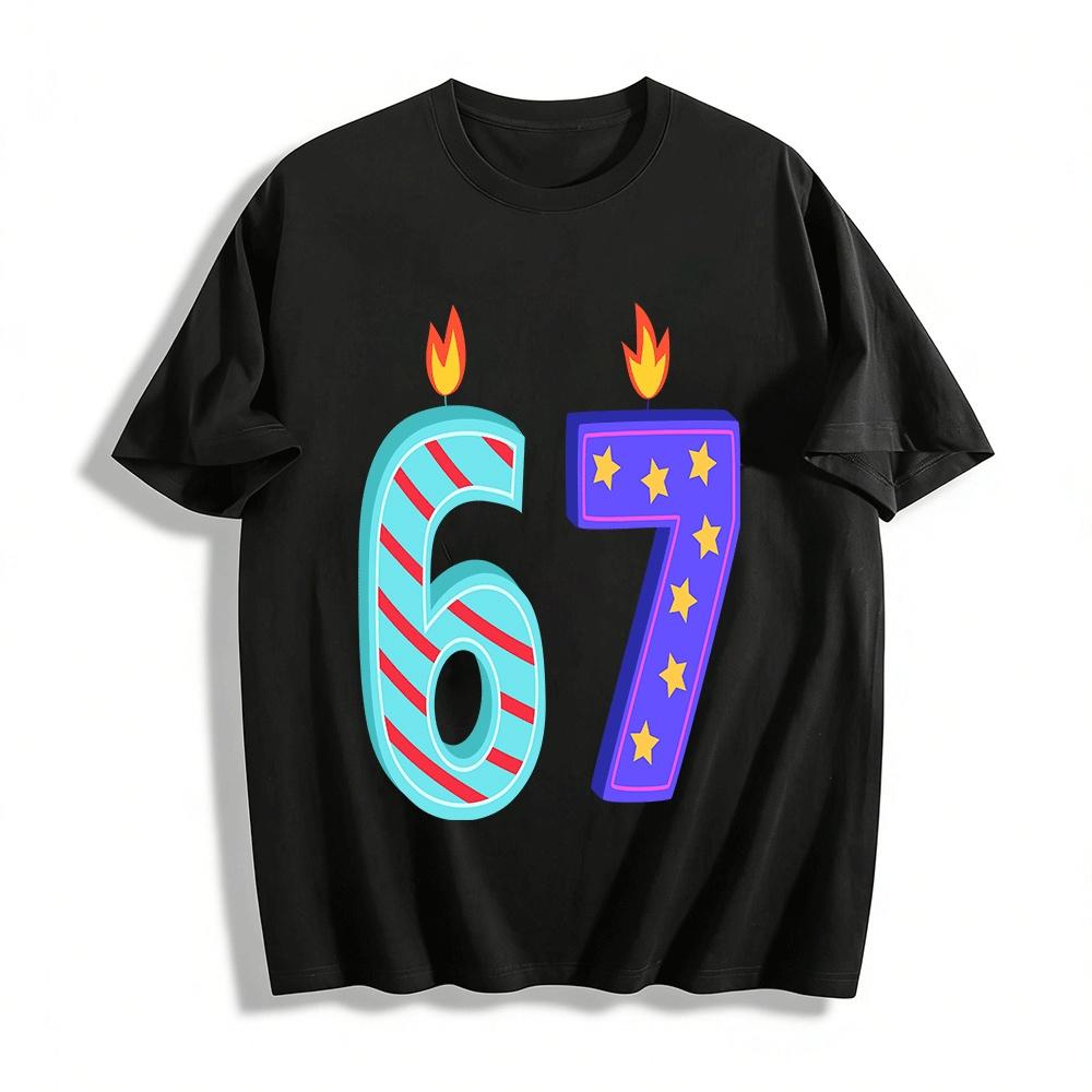 Number 67 Birthday Candle Print Casual Top Pure cotton T-shirt XXS