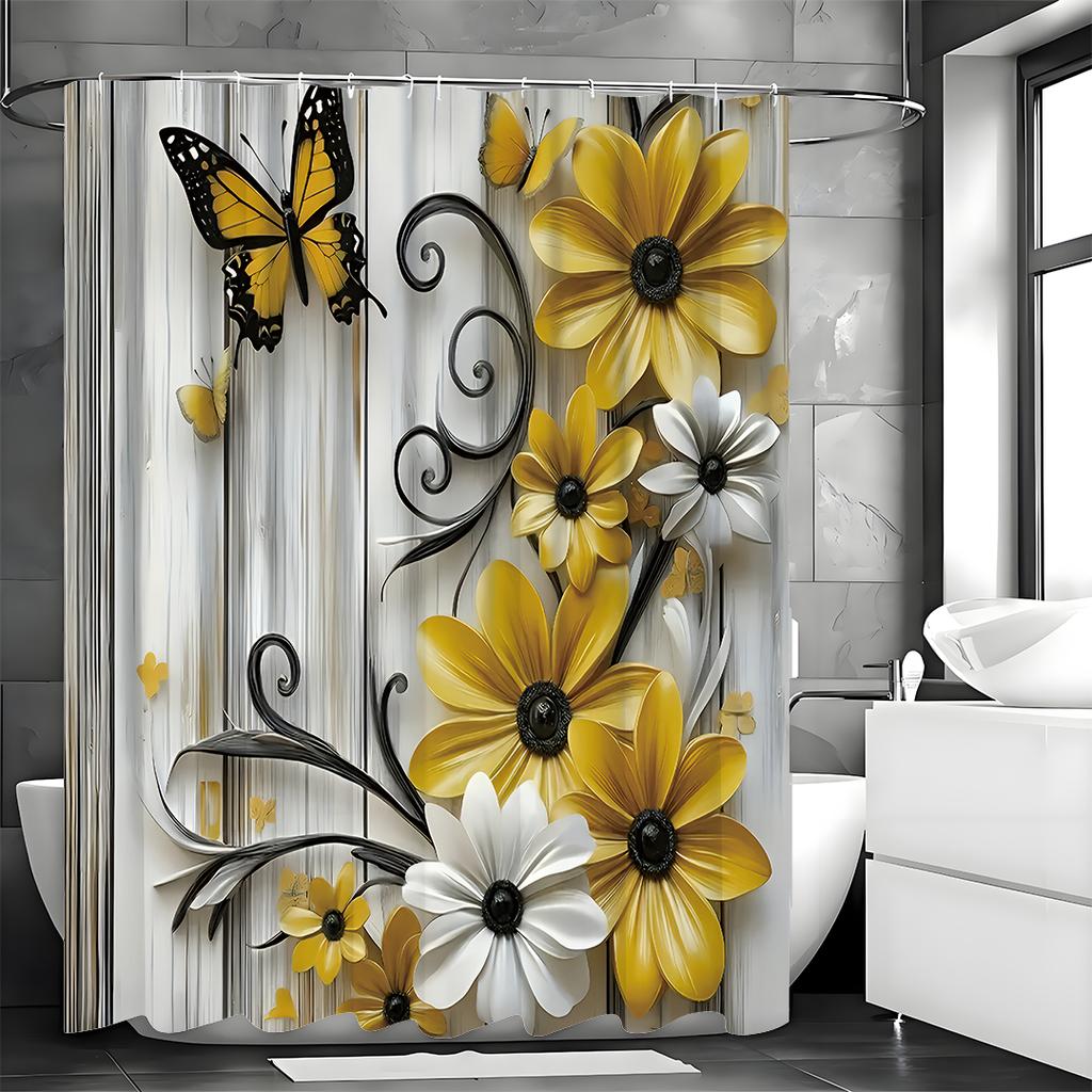 Yellow and White Flower Butterfly Wooden Panel Shower Curtain, Bathroom Decorative Shower Curtain, Waterproof Shower Curtain Wit