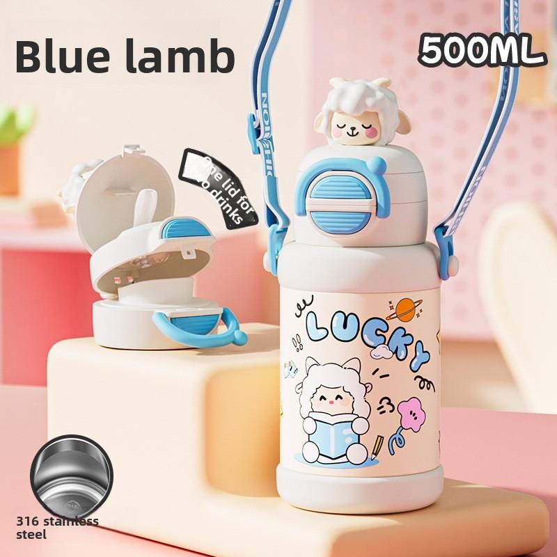 Cartoon Pattern Cat Children Vacuum Flask With Carry Strap For School And Travel