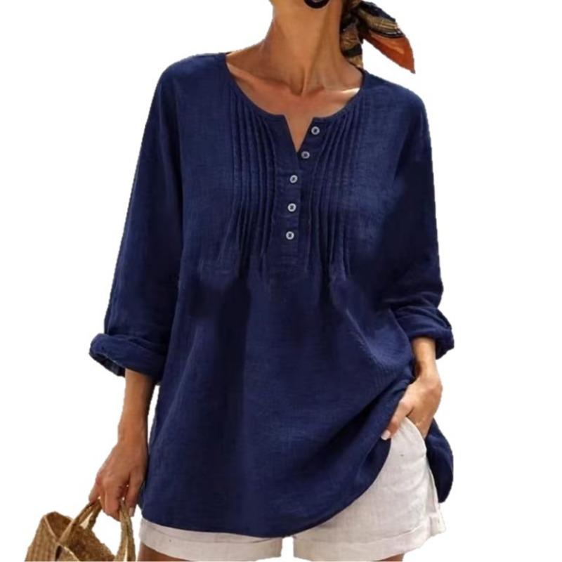 Women Loose Fit Long Sleeve V Neck Plus Size Casual Shirt