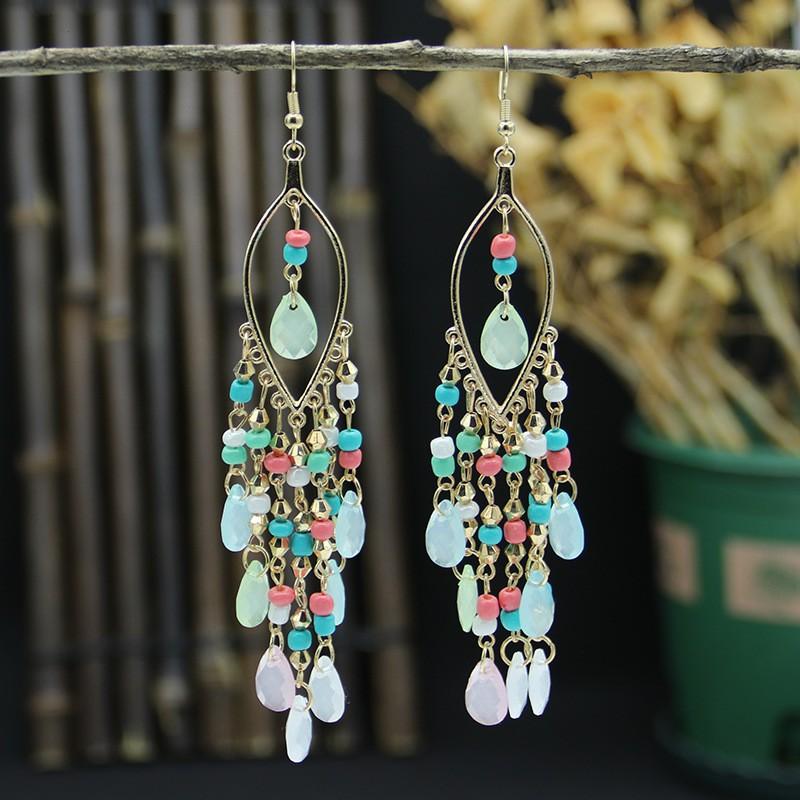 Ethnic Style Crystal Long Fringed Earrings Personalized Photo Show Face Thin Exaggerated Earrings Bohemian Travel Jewelry