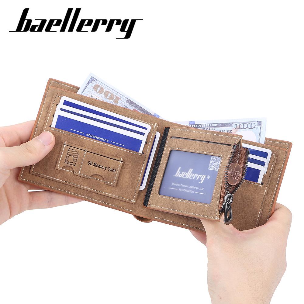 Baellerry Men's Short Wallet Matte Pu Leather Billfold Multi-card Slots Card Holder Zipper Coin Purse Fashion Vertical Notecase