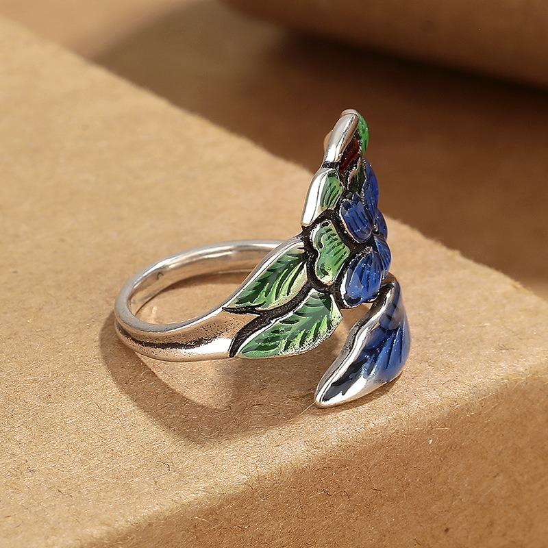 Silver Color Blue Peacock Wedding Rings for Women Engagement Peony Flower Rings Wedding Retro Opening Ring Jewelry Woman Rings
