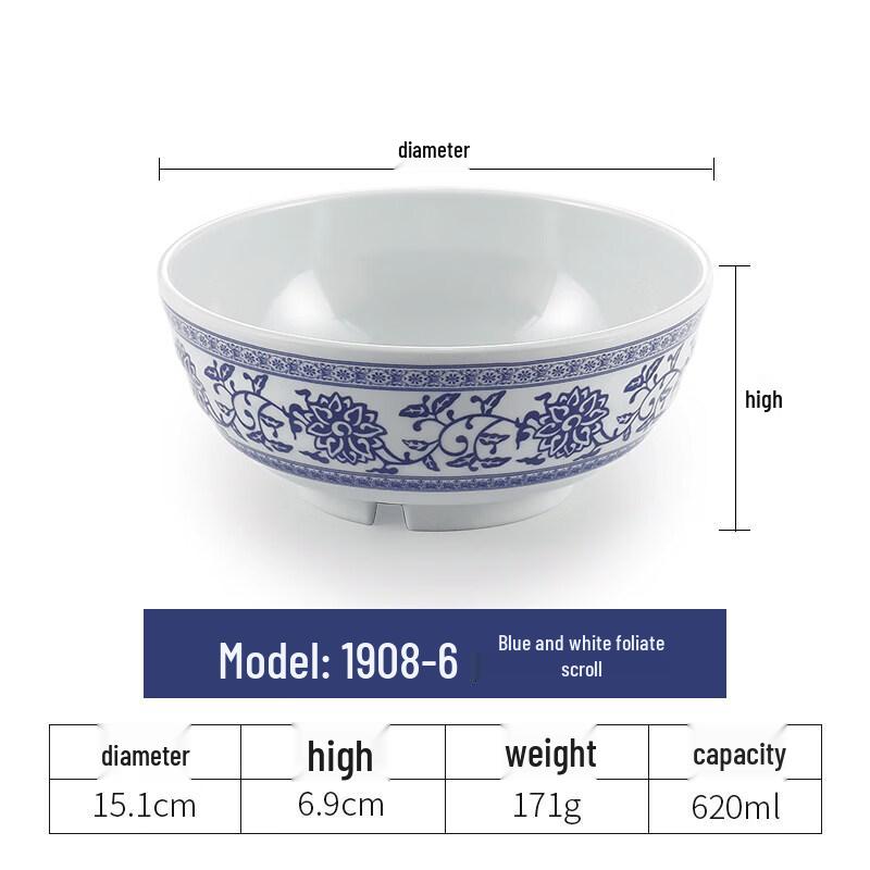 Melamine Blue and White Porcelain Ramen Bowl