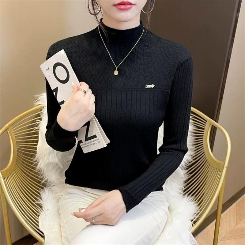 

Half Turtleneck Bottoming Shirt for Women New Autumn Winter Slim Fit Solid Knitted Sweater Versatile Top Bottoming Inner Layer S чорний