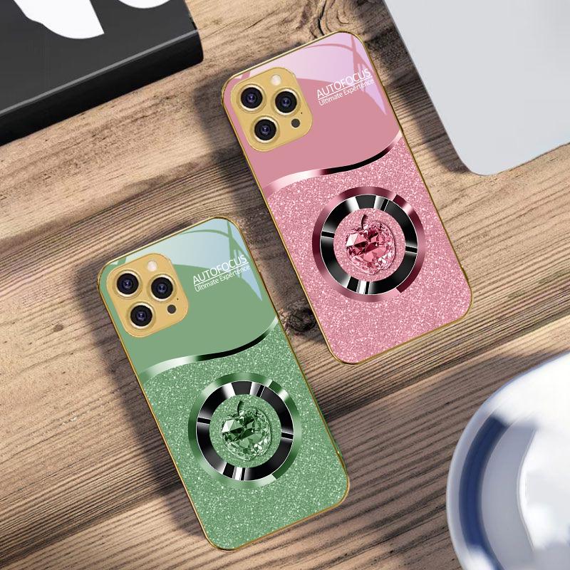 Crystal Purple Apple For IPhone 16 16Pro Max 15 P ro 14 13 Plus 12 Mini 11Pro Max XS Max XR Golden tempered glass phone case