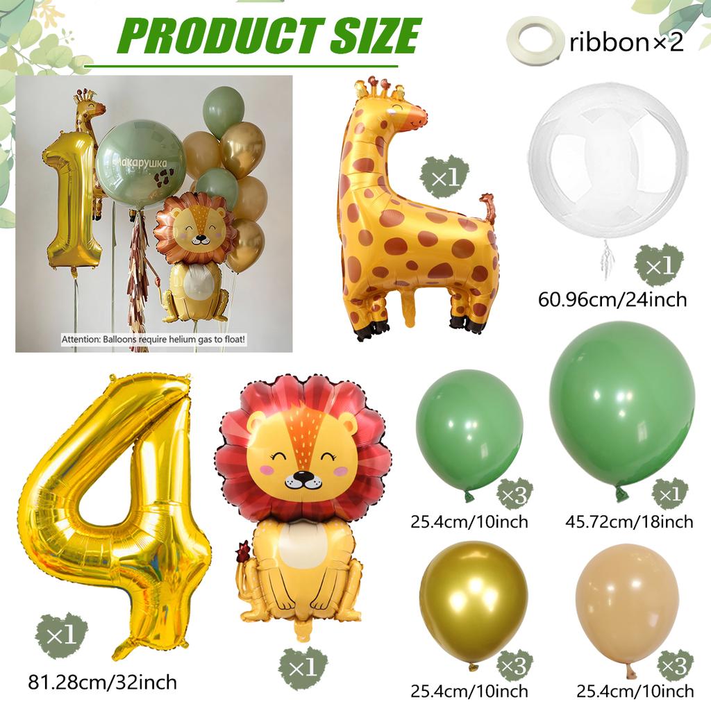 Set de ballons Lion Girafe Dessin Animé, Ballon Thème Animaux de la Jungle, Ballon Chiffre Doré 0-9, Décoration Fête d'Anniversaire Shower