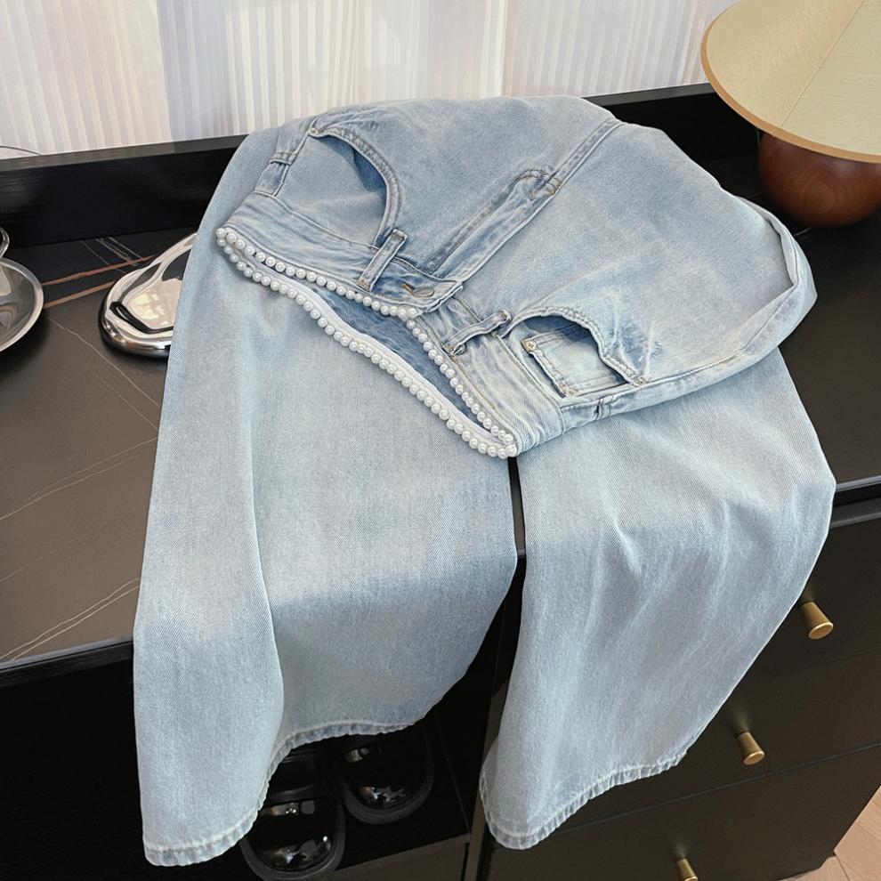 Korean Style Elegant Pearl Waist Rhinestone Light Jeans - Women's High Waist Straight Slimming Wide Leg Pants