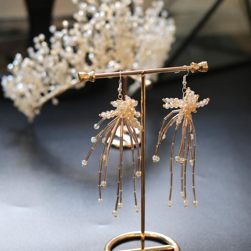 Korean Women's Sweet and Fresh Pastoral Style Fully Hand Wound Crystal Beads Long Crown Bridal Tiara Accessories