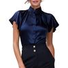 Womens Satin Stand Collar Ruffle Short Sleeve Blouse