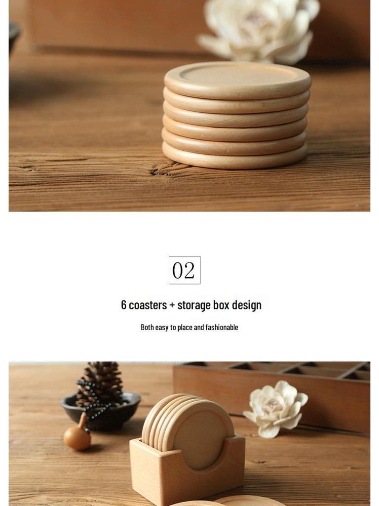 Round Black Walnut and Beech Wood Coasters, 6-Piece Set – Heat-Resistant Placemats for Coffee and Tea Cups