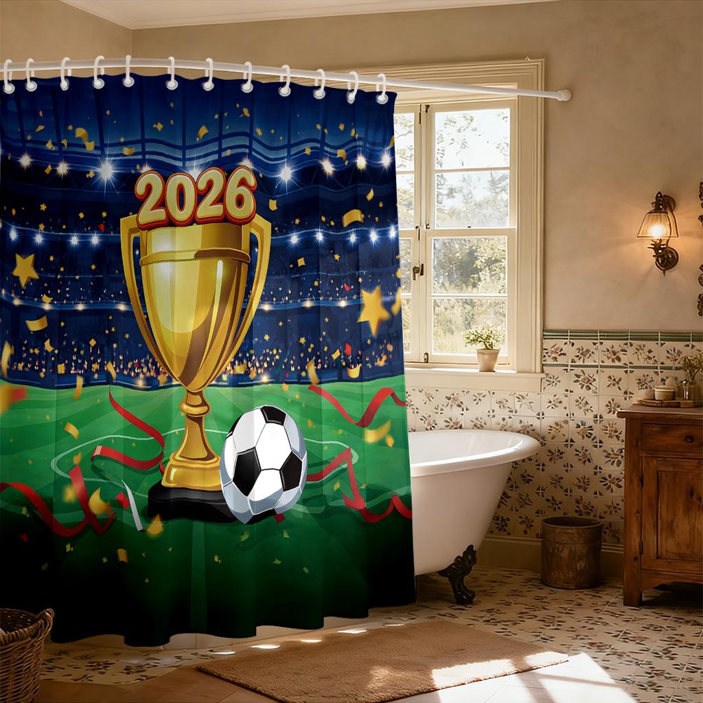 Soccer Football Shower Curtain 90Gsm Waterproof Stadium Trophy Print Bathroom Decor With Hooks