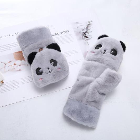 Winter ladies cute cartoon gloves half finger flip panda plush thickened warm full finger dual-purpose gloves